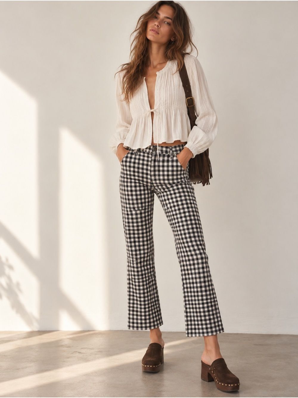 Free People Florence Gingham High Rise Crop Flare Pants M Black White Check